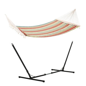 Outdoor Garden Hammock with Stand, Double Cotton Hammock with Adjustable Steel Frame, Swing Hanging Bed with Pillow, for Garden, Patio, Beach, Red Stripes