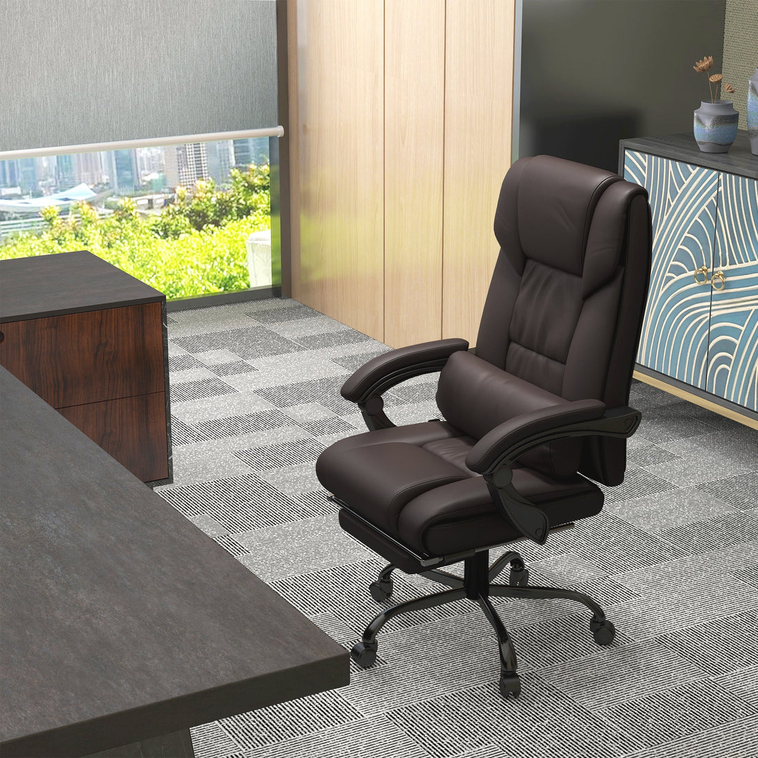 6-Point Massage Office Chair, PU Leather Desk Chair with Adjustable Height and Footrest for Home Office, Brown