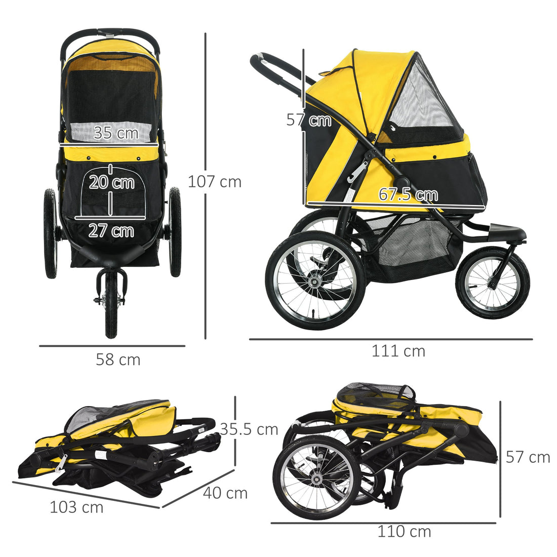 Foldable Pet Stroller Jogger, with Three Wheels, Canopy, for Medium and Small Dogs, Yellow