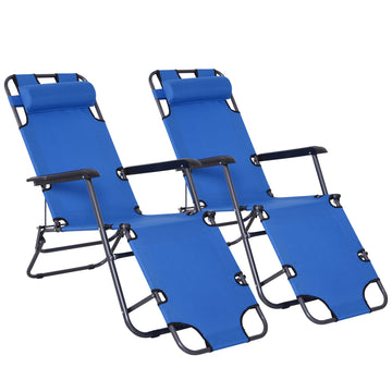2 Pieces 2 in 1 Sun Lounger Folding Reclining Chair Garden Outdoor Camping Adjustable Back with Pillow, Blue
