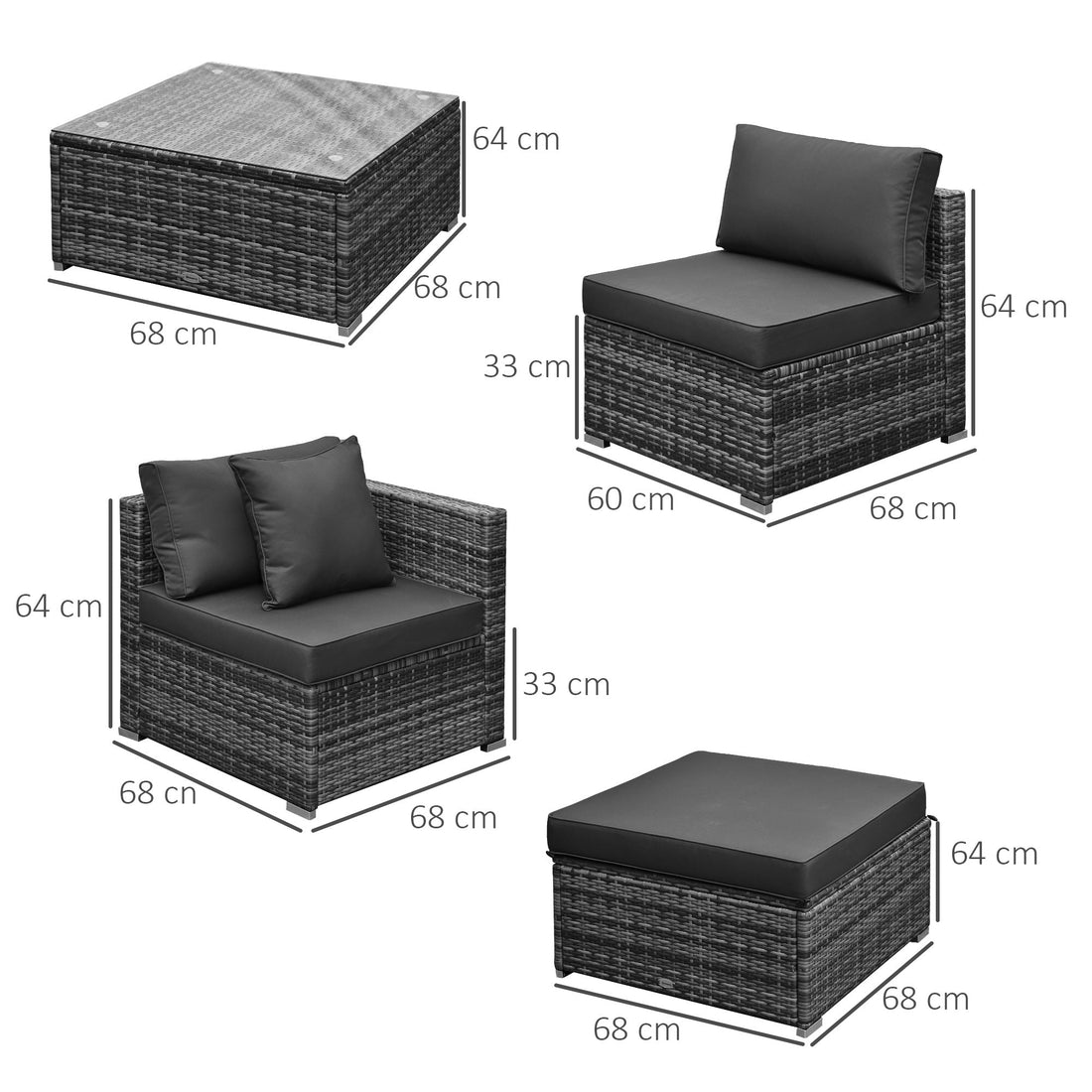 6 Pieces Rattan Garden Furniture Set, 5 Seater Sectional Garden Corner Sofa Set with Glass Top Coffee Table, Cushions and Pillows, All-Weather Wicker Conversation Furniture, Grey