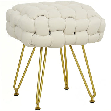 Velvet-Feel Bold Woven Footstool - Cream White