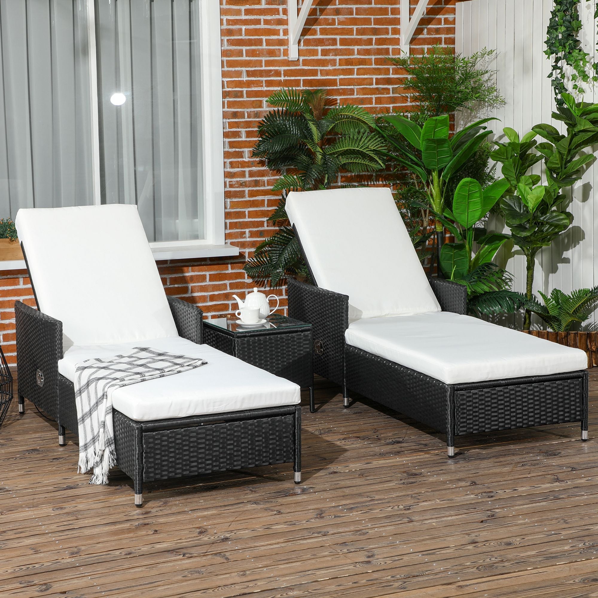 3-Pieces PE Rattan Sun Lounger, Patio Chaise Lounge Chair Set with Adjustable Backrest, Soft Cushions, Glass Top Coffee Table, Cream White