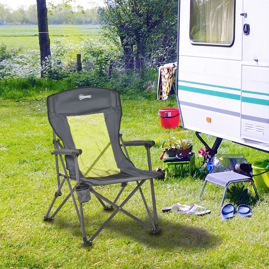 Folding Camp Chair Portable Chair w/ Cup Holder Holds up to 136kg Perfect for Camping, Festivals, Garden, Caravan Trips, Fishing, Beach and BBQs