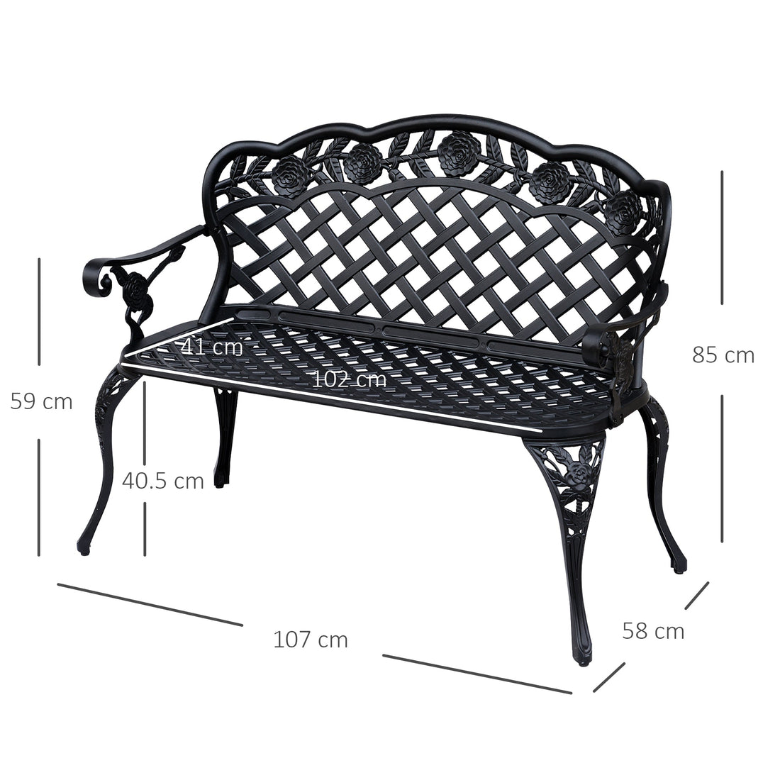 Garden Bench, Cast Aluminium, 107Lx58Wx85H cm-Black
