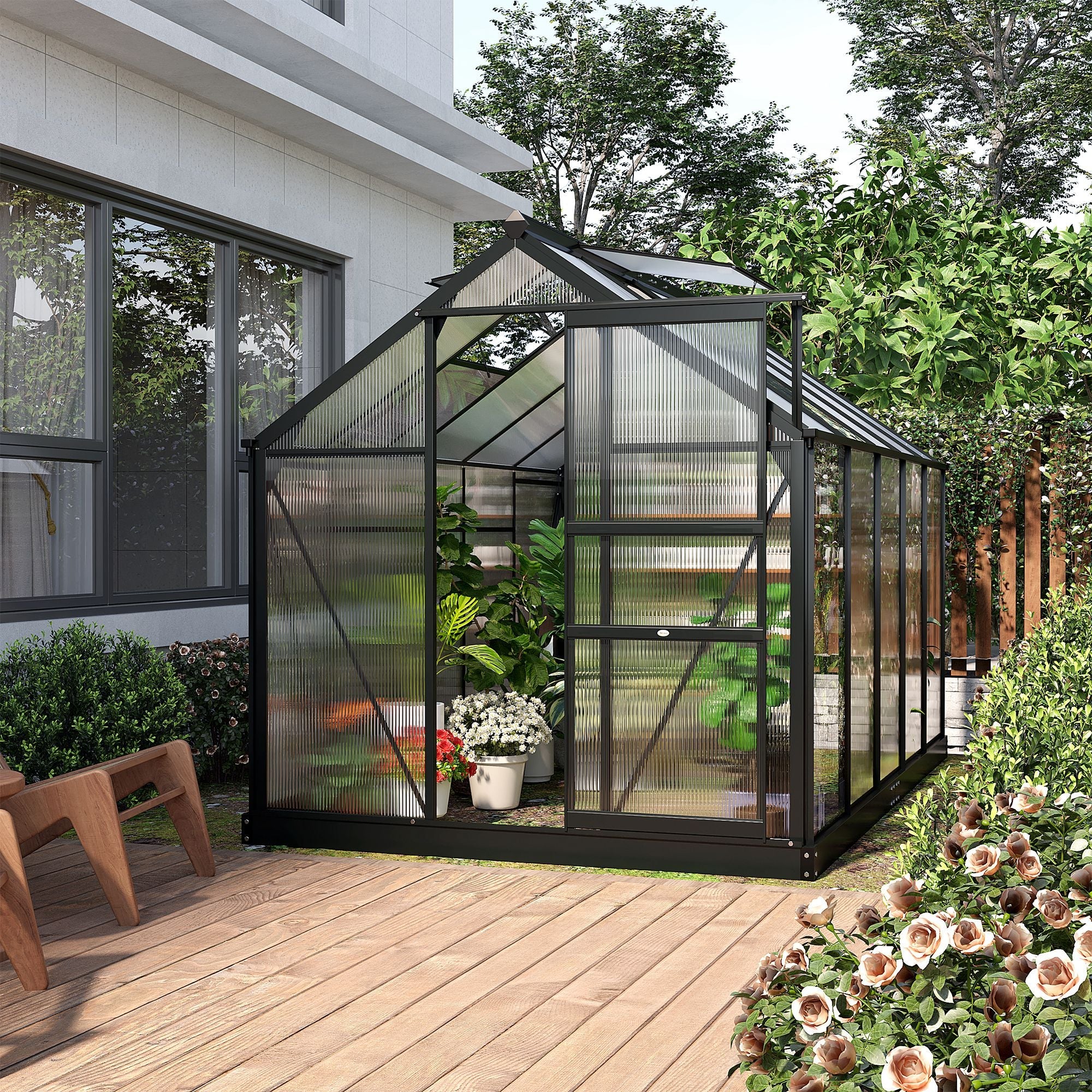 6 x 10ft Polycarbonate Greenhouse, Large Walk-In Green House with Slide Door and Window, Garden Plants Grow House with Aluminium Frame and Foundation, Grey