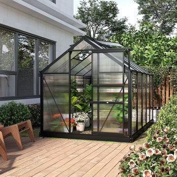 6 x 10ft Polycarbonate Greenhouse, Large Walk-In Green House with Slide Door and Window, Garden Plants Grow House with Aluminium Frame and Foundation, Grey