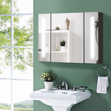 LED Bathroom Cabinet with Mirror, Wall Mounted Dimmable Brightness Storage Organiser with 3 Mirrored Doors and Adjustable Shelves, Memory Function, USB Charge, High Gloss Black