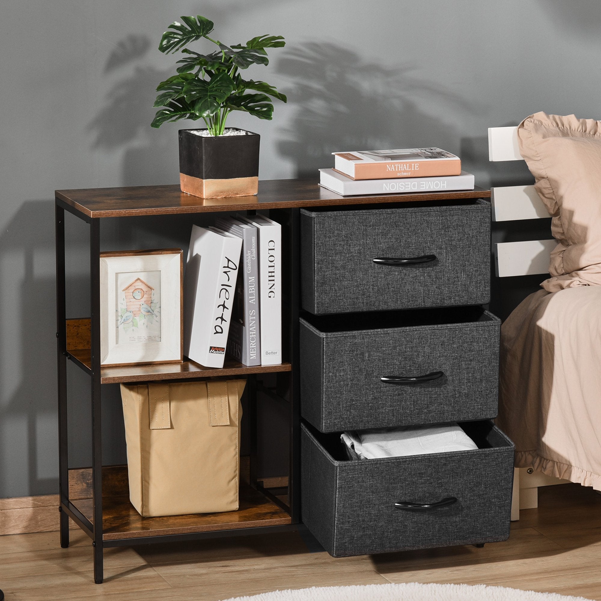 Chest of Drawers Storage Dresser Cabinet Organizer with 3 Fabric Drawers and 2 Display Shelves for Living Room, Bedroom, Hallway, Black