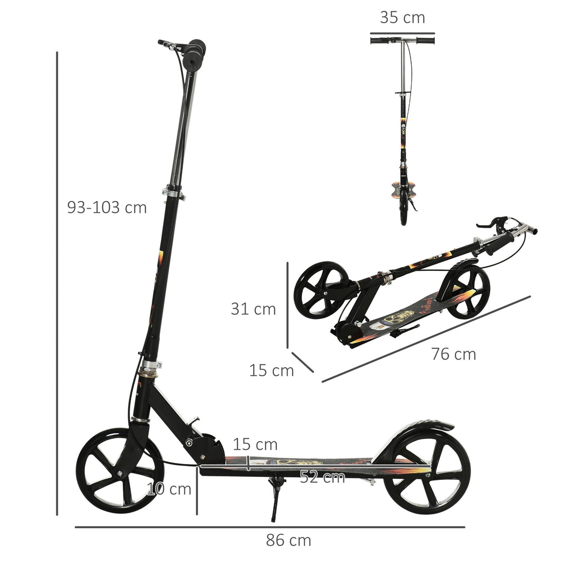 Kids Foldable Kick Scooter w/ Adjustable Height, Break, Big Wheels, for Ages 7-14 Years - Black