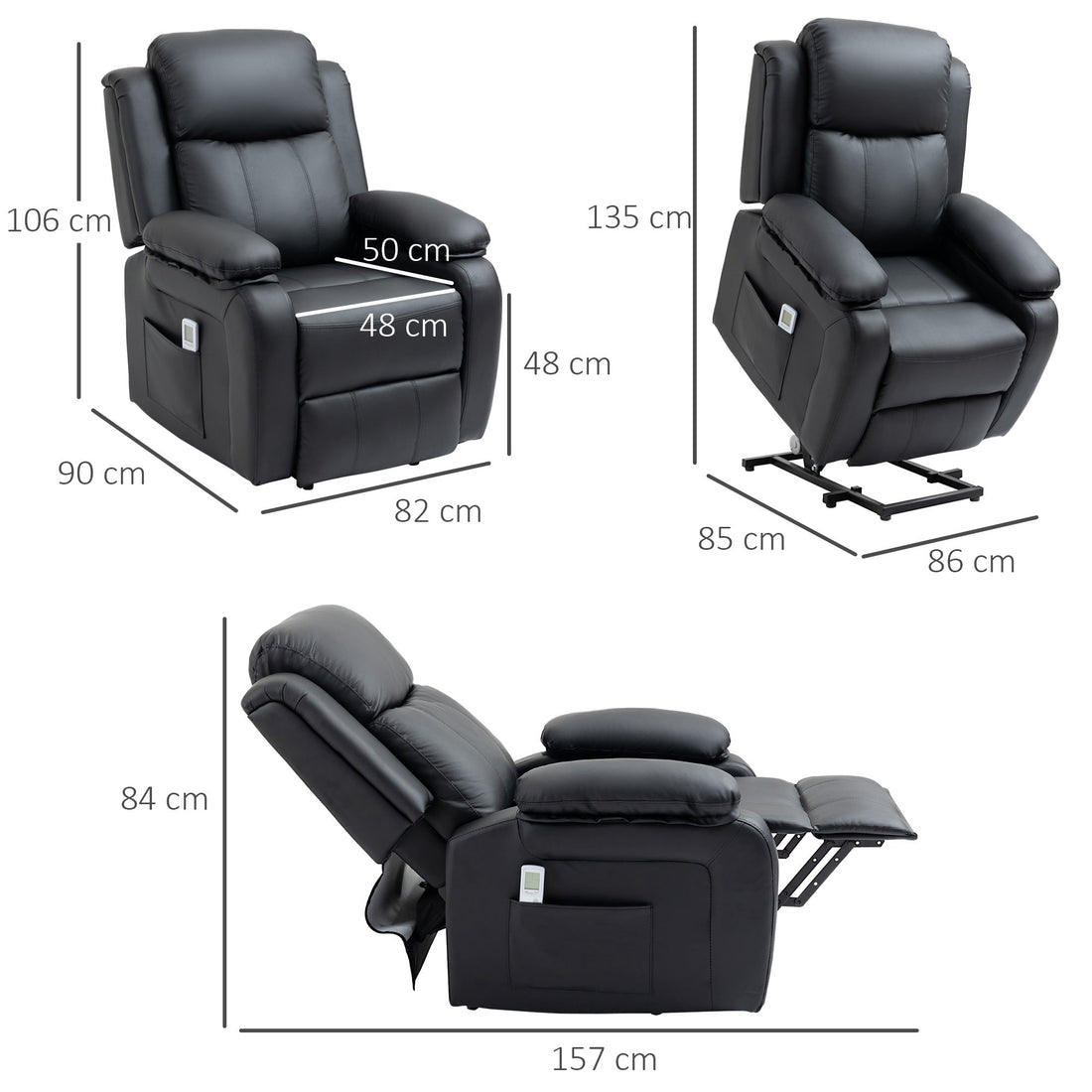 Riser and Recliner Chair with Massage, Power Lift Recliner Chair for Elderly with Remote Control, Extended Footrest, Dual Side Pockets, Overstuffed Electric Reclining Armchair, Black