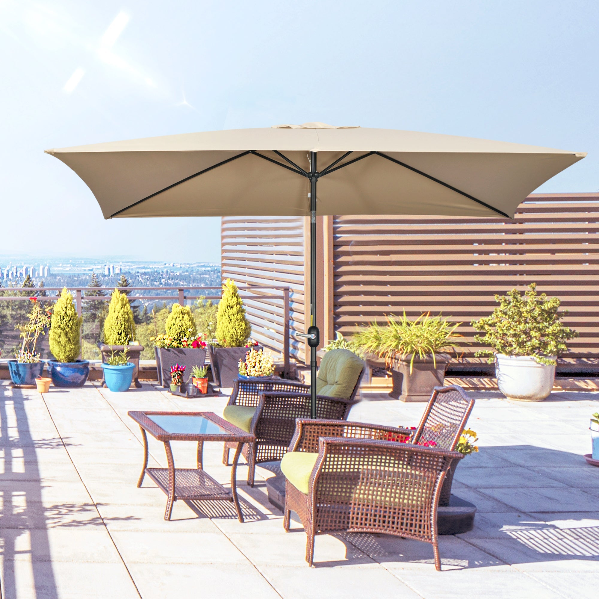 3x2m Patio Parasol Garden Umbrellas Canopy with Aluminium Tilt Crank Rectangular Sun Shade Steel, Khaki