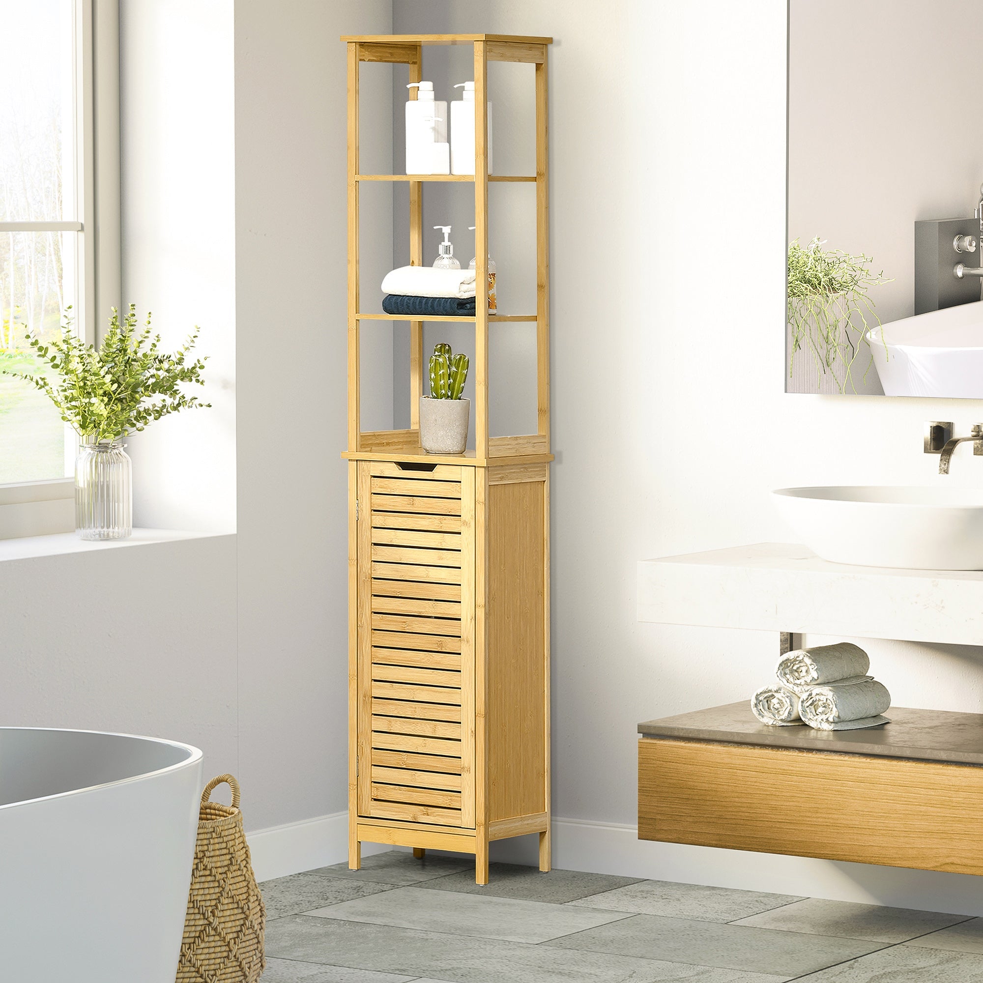 Tall Bathroom Cabinet, Slim Storage Cabinet, Tallboy Bamboo Storage Unit with 3-Tier Storage Shelves and Freestanding Organiser, Natural