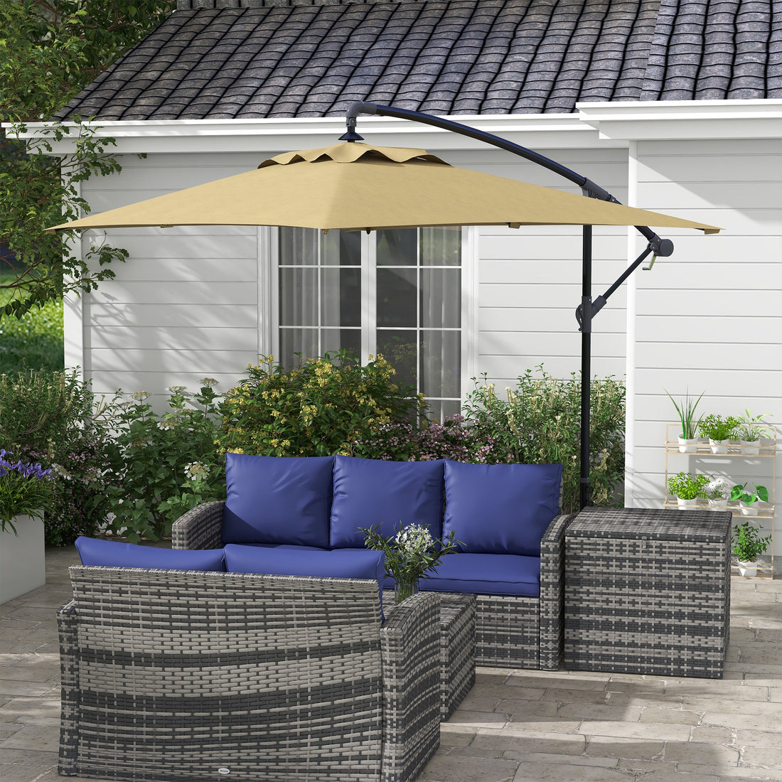 3m Square Canopy Cantilever Parasol, with Cross Base - Brown