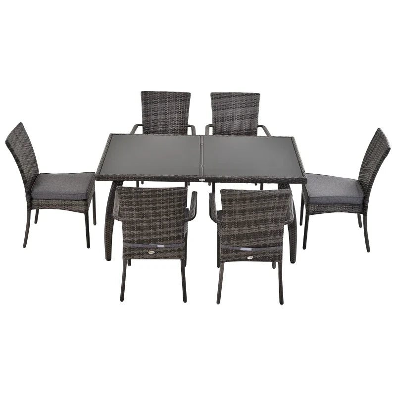 6 Seater Rattan Dining Set with Cushions, Rattan Garden Furniture Set, Outdoor Dining Table and Chairs with 6 Stackable Armchairs, Rectangular Glass Top Table for Patio, Balcony, Grey
