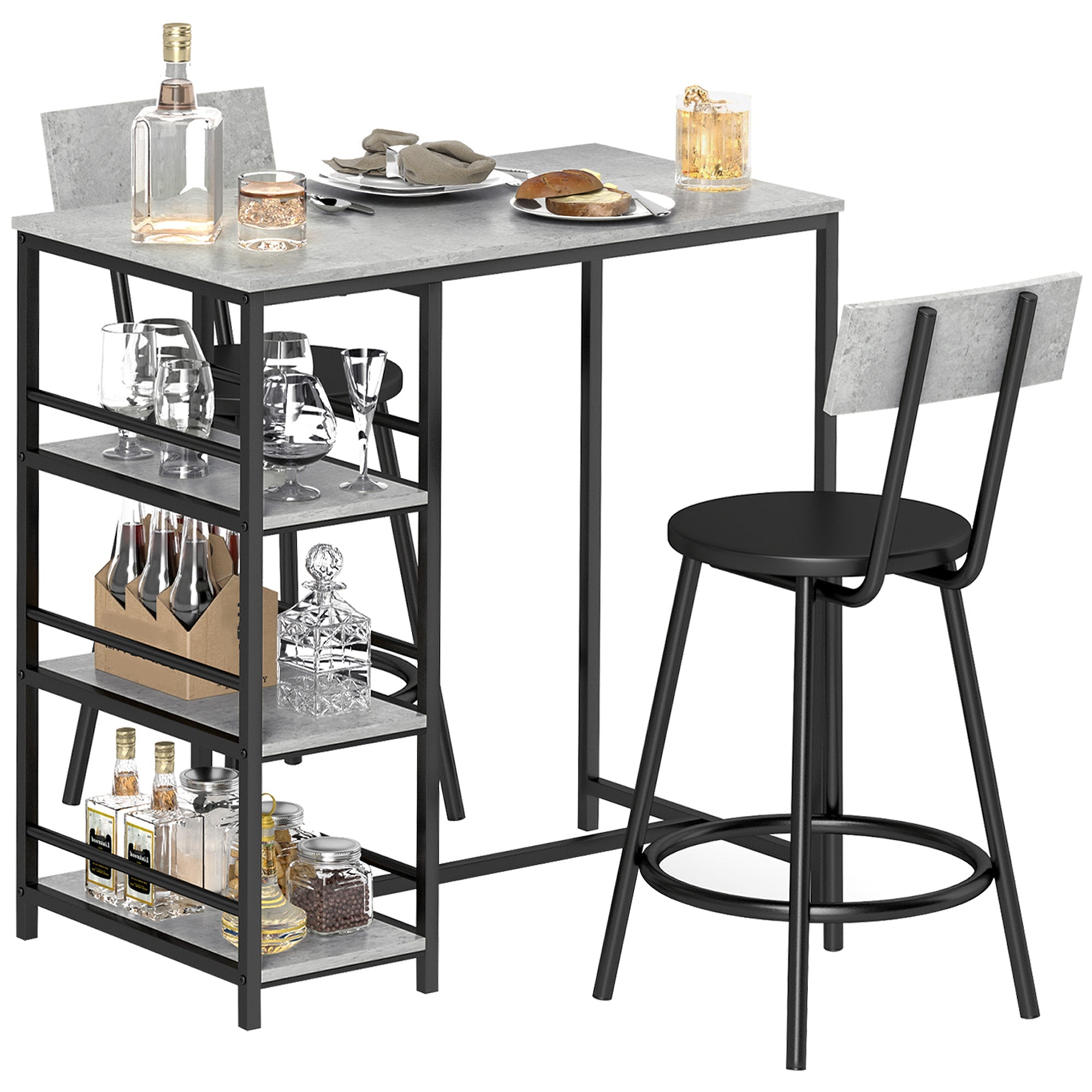 Three-Piece Kitchen Dining Set, with Shelves - Grey/Black