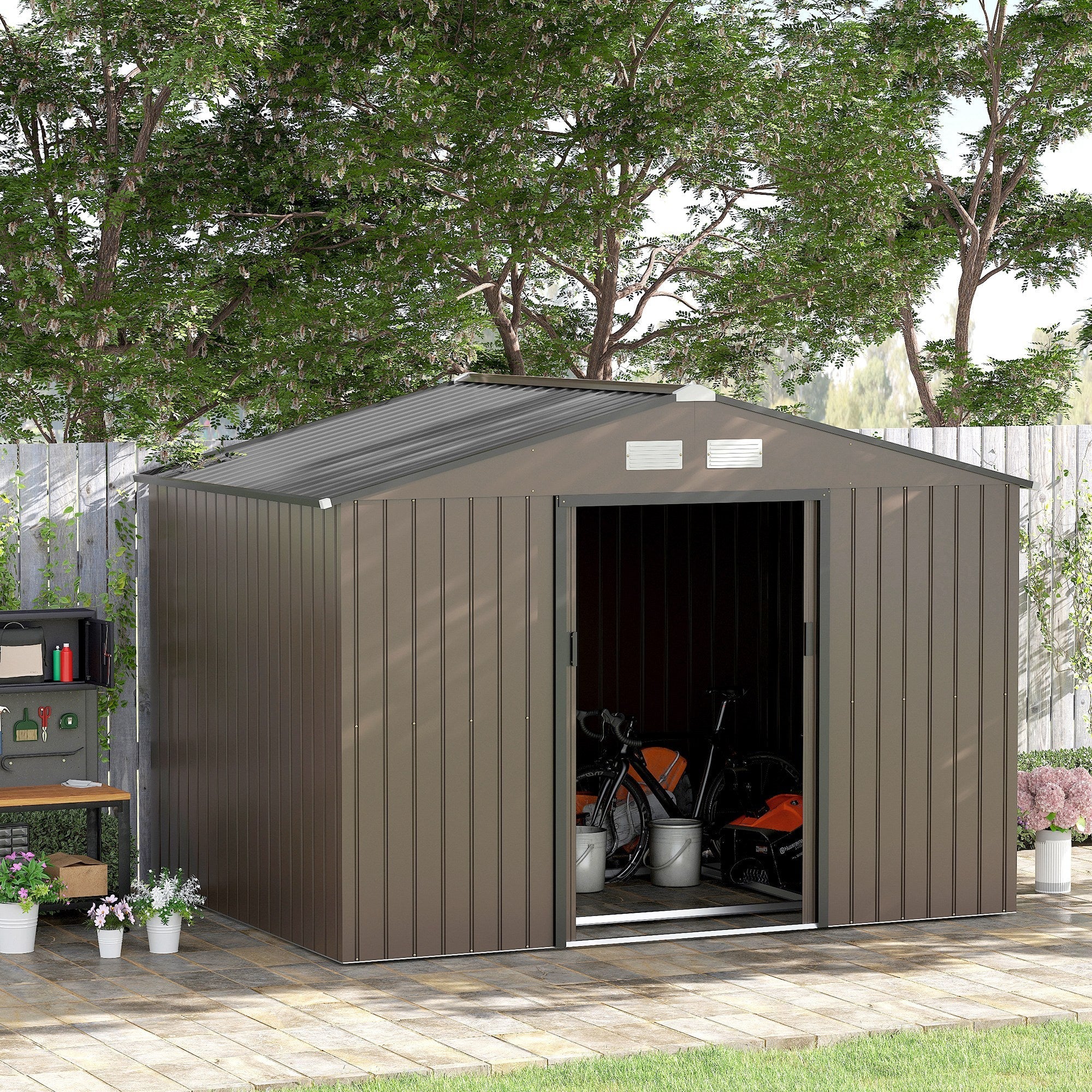 9 x 6ft Metal Garden Shed, Outdoor Storage Tool House with Ventilation Slots, Foundation Kit and Lockable Double Doors, Brown