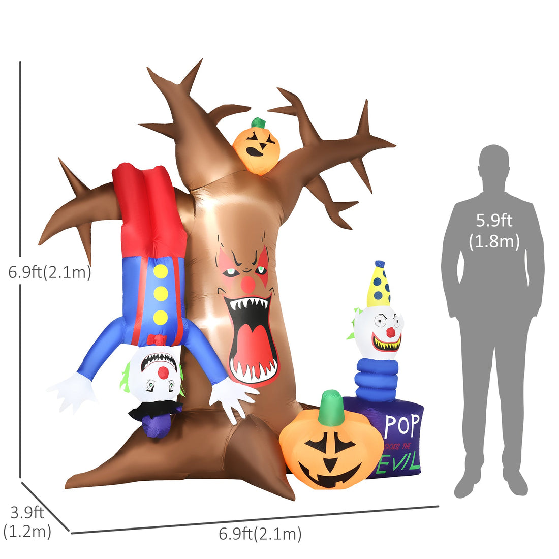 7ft Inflatable Halloween Ghost Tree with Upside-down Clown Pumpkins, Blow-Up Outdoor LED Display for Lawn, Garden, Party