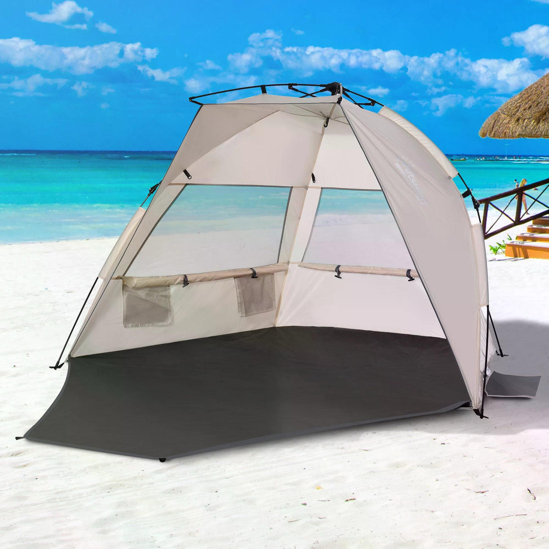 Beach Tent for 1-2 Person Pop-up Design with 3 Mesh Windows & Carrying Bag Cream