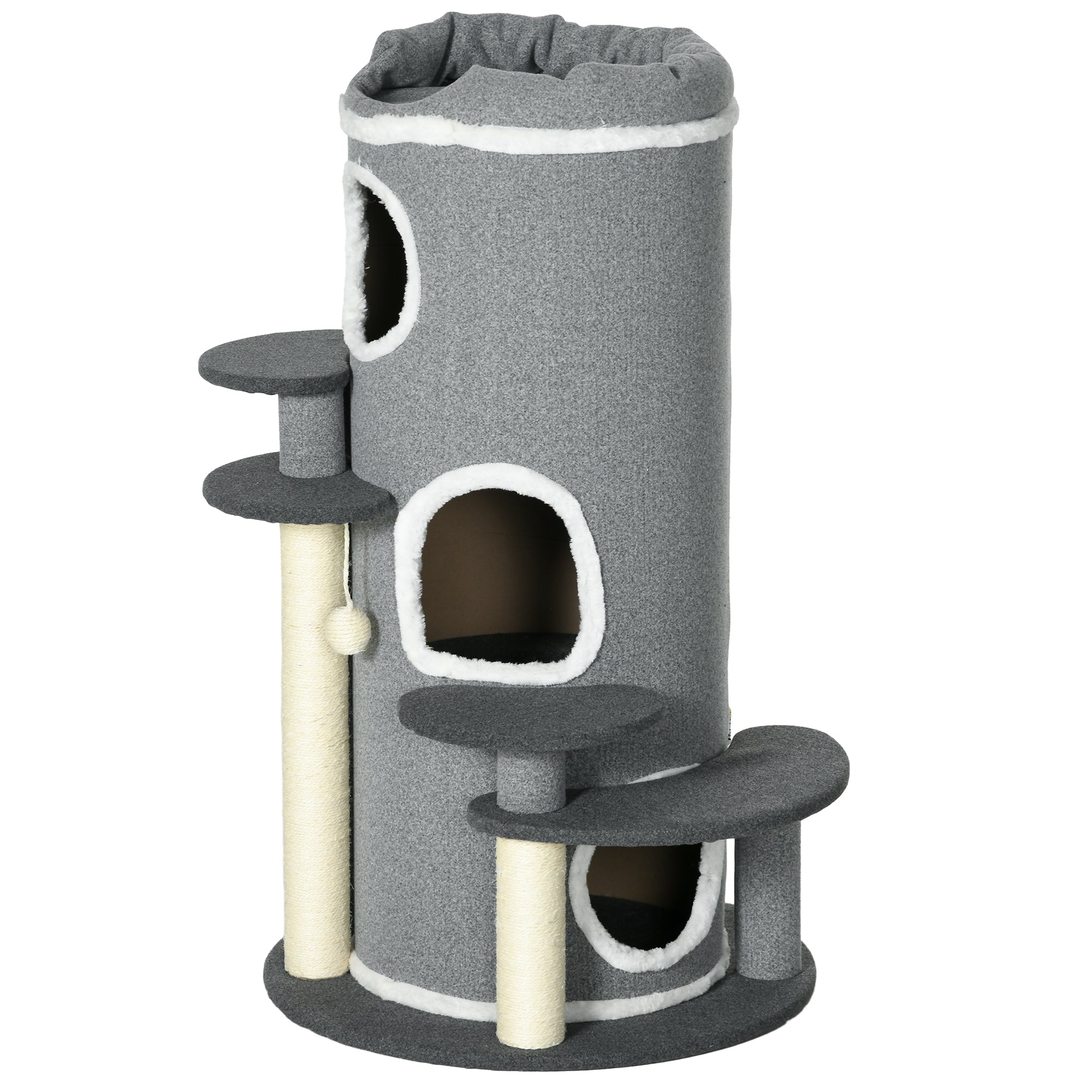 Barrel Shaped Cat Tree with Sisal Scratching Posts, Cat Bed, Platforms, Hanging Ball, Grey, Grey