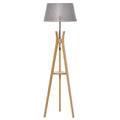 HOMCOM Natural Wood Tripod Floor Lamp Light E27 Base Bedroom Living Room Fabric Shade Storage Shelf Foot Switch, 156cm, Grey