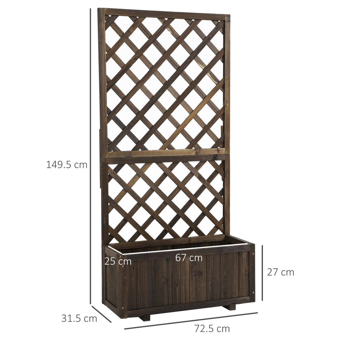 72.5 x 31.5 x 149.5 cm 45L Garden Wooden Pine Trough Planter with Topped Trellis Climbing Plants Flower Raised Bed, Carbonised Finish