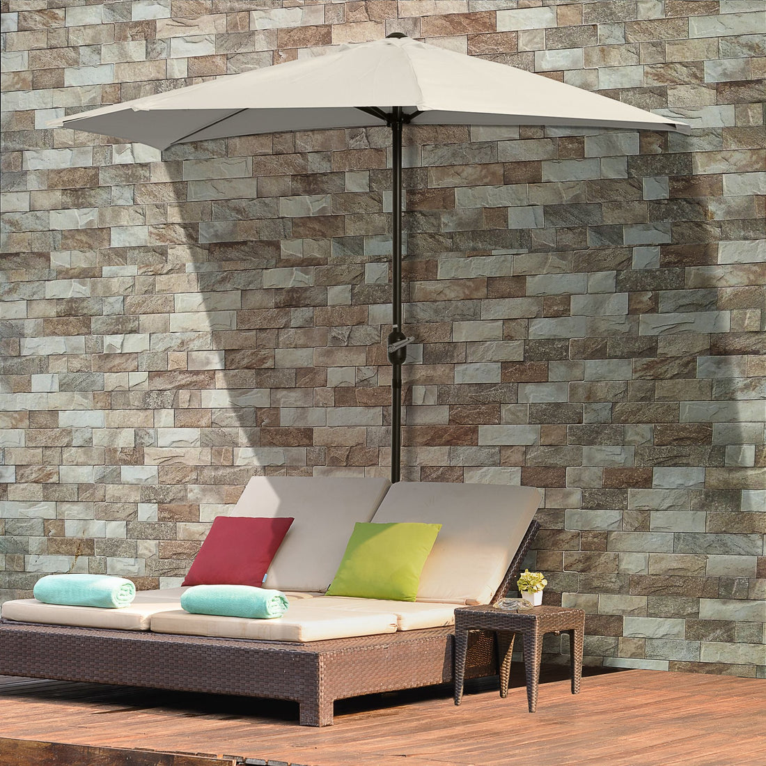 3(m) Half Parasol, Semi Round Umbrella with Metal Frame, Crank Handle for Balcony, Garden, Cream White